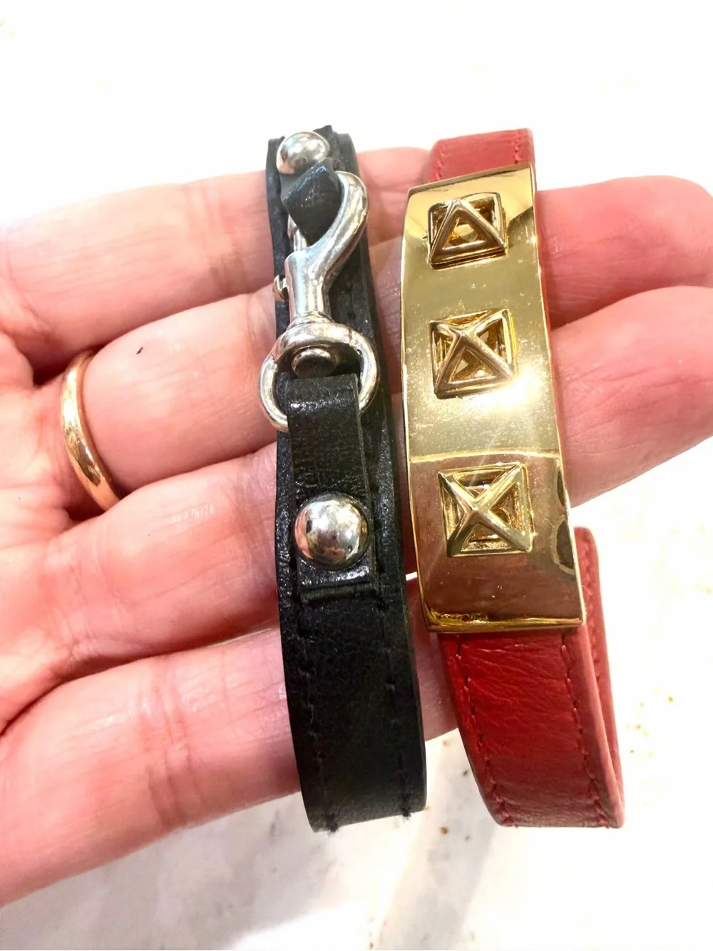 Rebecca Minkoff Leather Bracelet Stack • Black Dog Clip & Red Pyramid Cuff (Set
